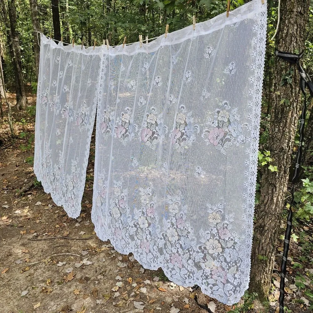Vintage 90s JCPenney White Lace Curtains Pastel Floral Accents Scalloped Edge